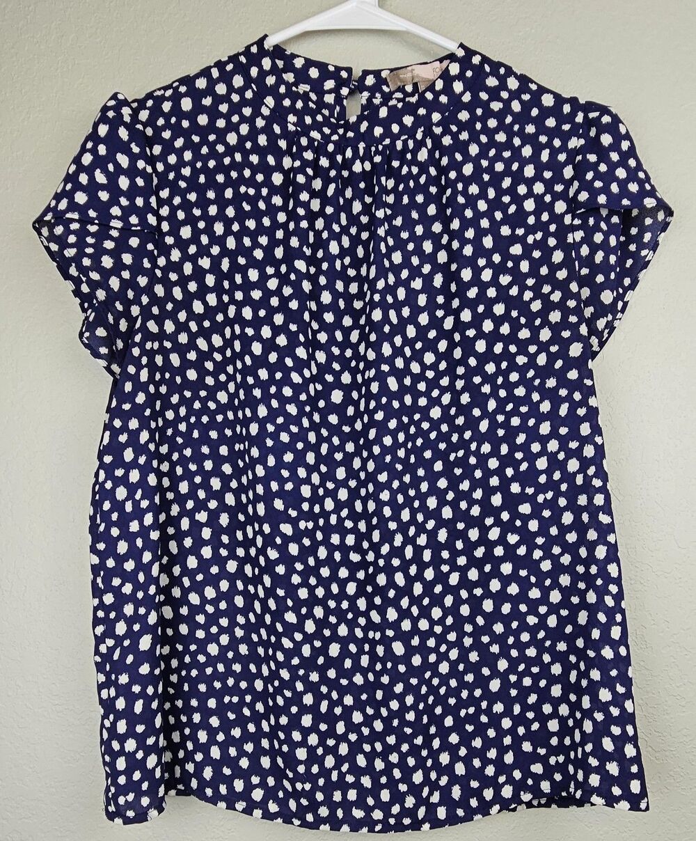 Forever 21 Women's Small Short Sleeve Blouse Navy Blue & White Top Shirt - Picture 4 of 10